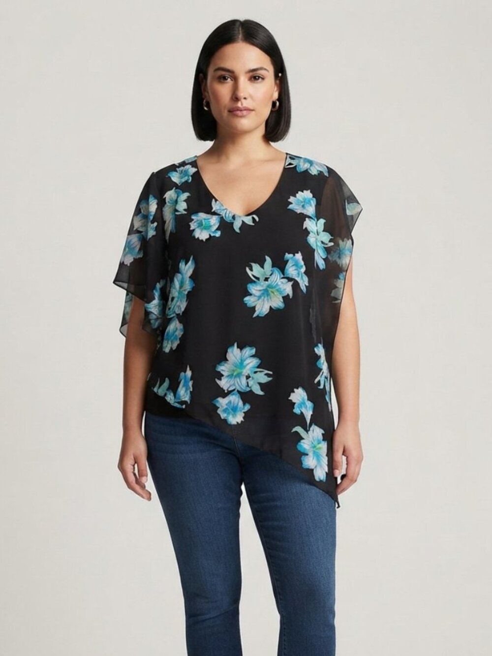 VAMP Women's Medium Black Blue Floral Chiffon Overlay Blouse Made in Canada